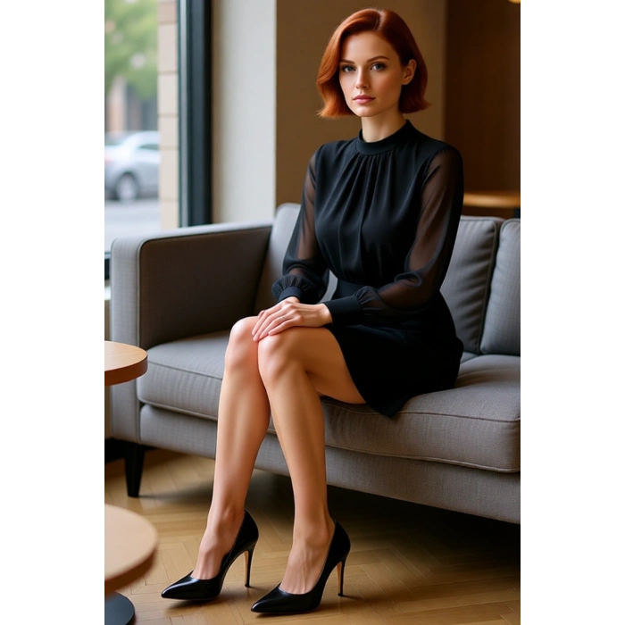 Kadın Siyah A Kesim Dik Yaka Uzun Balon Kol Mini Dokuma Elbise Şık Akşam Davetleri İçin İdealdir