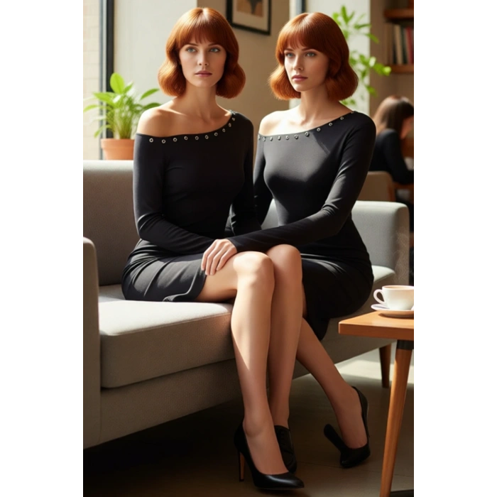 Kadın Siyah A line Asimetrik Yaka Düz Düşük Kol Uzun Kollu Mini Örme Elbise Aksesuar Detaylı Şık