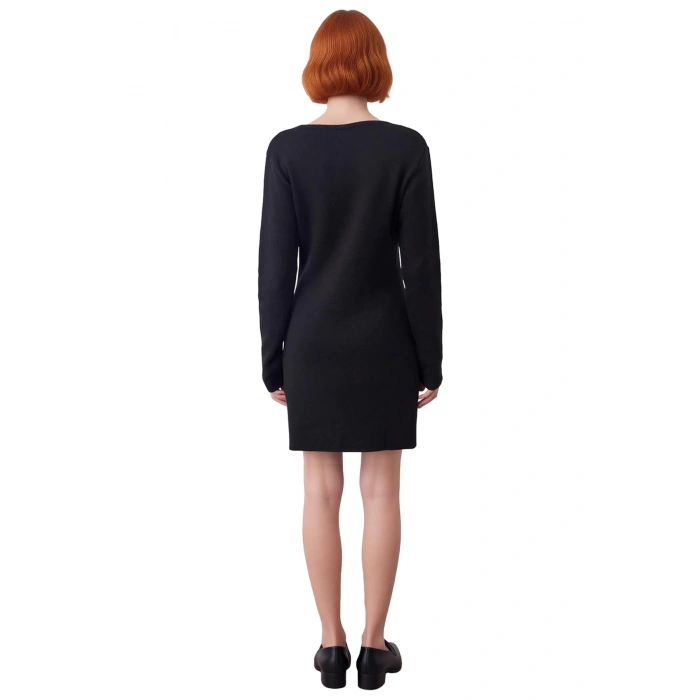 Kadın Siyah A Line Kısa Mini Triko Elbise Bağlama Detaylı Kaçık Yaka Uzun Standart Kollu Fitilli