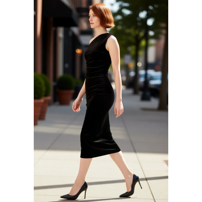 Kadın Siyah Asimetrik Yaka Tek Omuz Kadife Bodycon Maxi Abiye Elbise Özel Davet Şıklığı Kaliteli