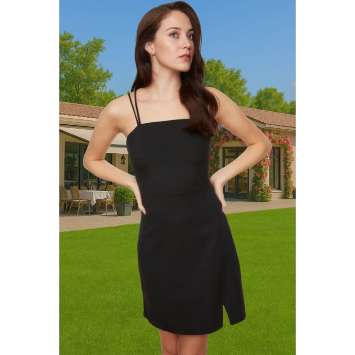 Kadın Siyah Askılı Kısa Bodycon Elbise Polyester Yazlık Şık Uzun Ömürlü Zarifane Tasarım