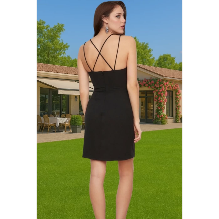 Kadın Siyah Askılı Kısa Bodycon Elbise Polyester Yazlık Şık Uzun Ömürlü Zarifane Tasarım