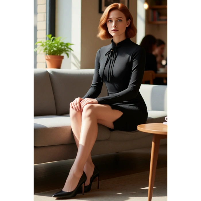 Kadın Siyah Bağlama Detaylı Dik Yaka Bodycon Mini Elbise Şık Geceler İçin Astarlı Örme Kaliteli