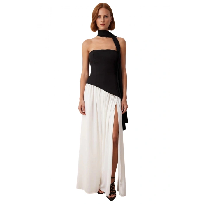 Kadın Siyah Beyaz Renk Bloklu Straplez Fular Detaylı Maxi Skater Abiye Elbise Yazlık Şıklık