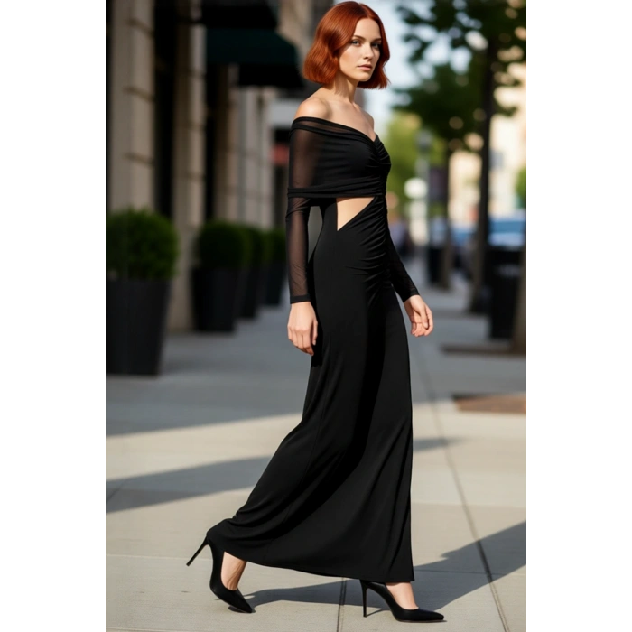 Kadın Siyah Bodycon Kayık Yaka Maxi Uzun Kol Cut Out Detaylı Şık Abiye Elbise Mezuniyet Baloları