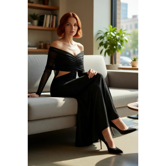 Kadın Siyah Bodycon Kayık Yaka Maxi Uzun Kol Cut Out Detaylı Şık Abiye Elbise Mezuniyet Baloları