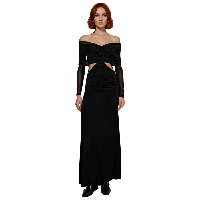 Kadın Siyah Bodycon Kayık Yaka Maxi Uzun Kol Cut Out Detaylı Şık Abiye Elbise Mezuniyet Baloları