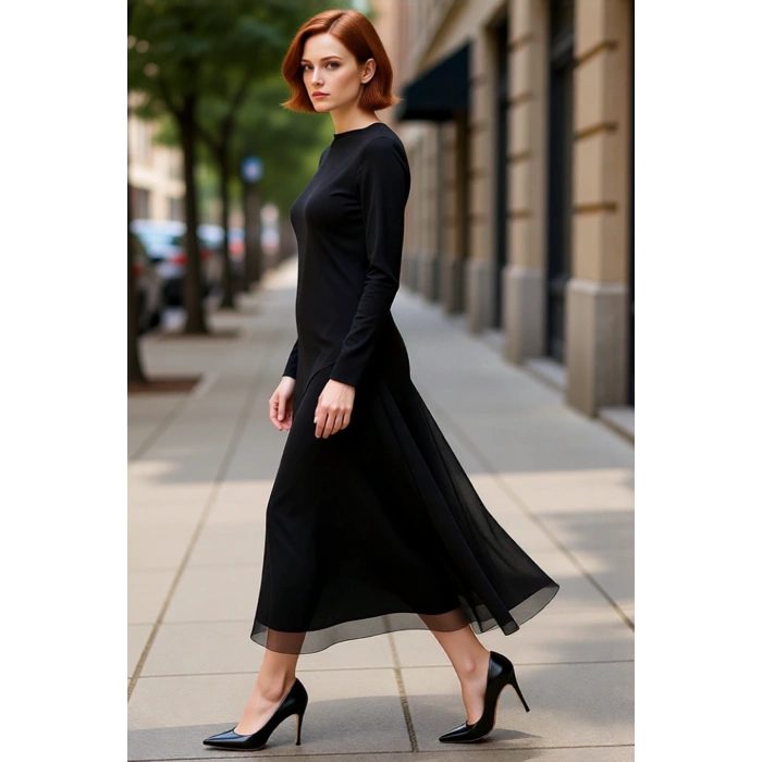 Kadın Siyah Bodycon Kayık Yaka Uzun Kollu Astarlı Maxi Boy Asimetrik Tül Detaylı Örme Elbise