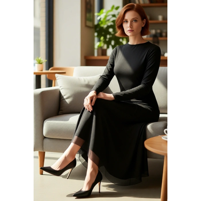 Kadın Siyah Bodycon Kayık Yaka Uzun Kollu Astarlı Maxi Boy Asimetrik Tül Detaylı Örme Elbise