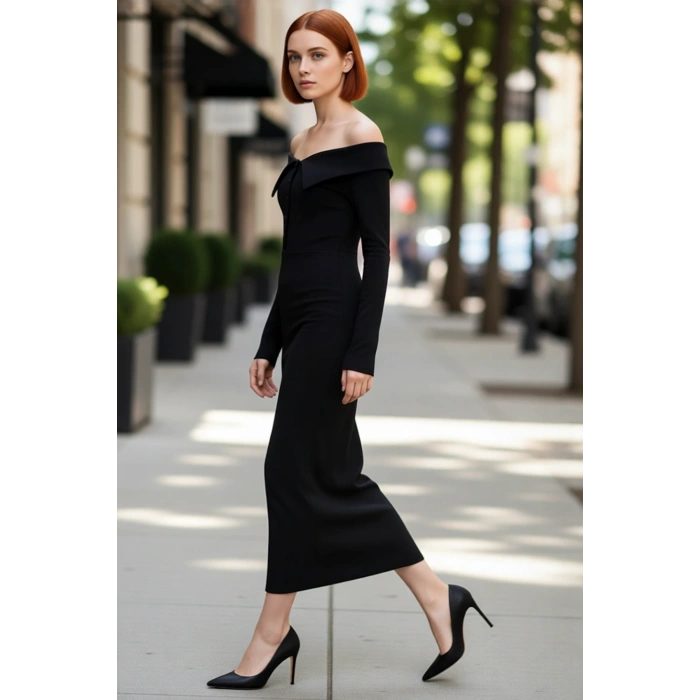 Kadın Siyah Bodycon Maxi Elbise Carmen Yaka Düşük Kol Kışlık Düz Örme Şıklığı Sunar Kaliteli