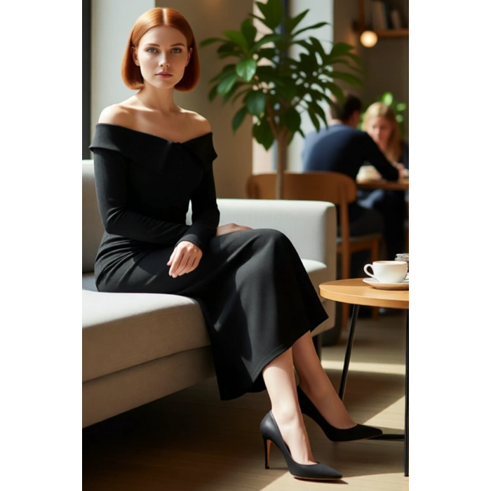 Kadın Siyah Bodycon Maxi Elbise Carmen Yaka Düşük Kol Kışlık Düz Örme Şıklığı Sunar Kaliteli