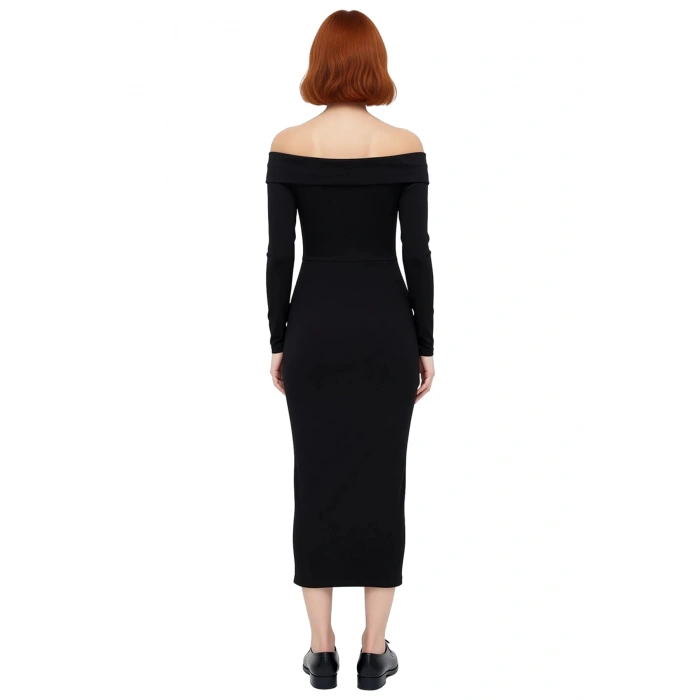 Kadın Siyah Bodycon Maxi Elbise Carmen Yaka Düşük Kol Kışlık Düz Örme Şıklığı Sunar Kaliteli