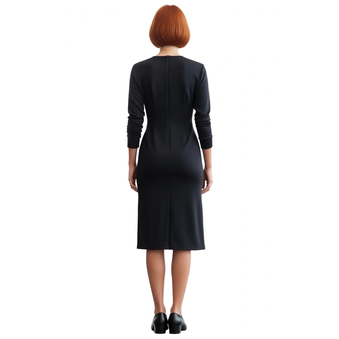 Kadın Siyah Bodycon Midi Elbise Polo Yaka Tam Fermuar Detaylı Uzun Kollu Şık Örme Tasarım Kaliteli