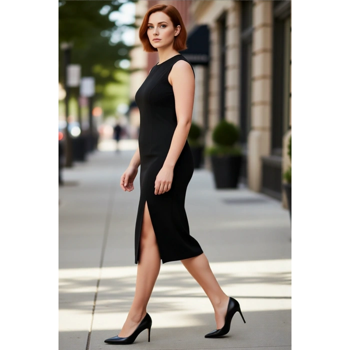 Kadın Siyah Bodycon Midi Örme Elbise Yırtmaç Detaylı Kolsuz Bisiklet Yaka Büyük Beden Şıklığı