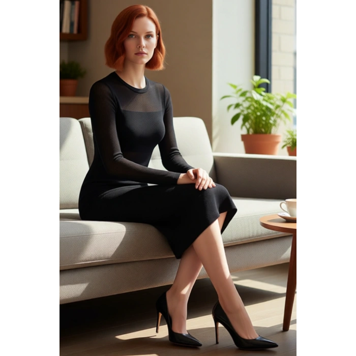 Kadın Siyah Bodycon Midi Triko Elbise Uzun Kollu Bisiklet Yaka Şık Transparan Detaylı Modern Kışlık