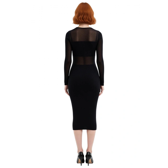 Kadın Siyah Bodycon Midi Triko Elbise Uzun Kollu Bisiklet Yaka Şık Transparan Detaylı Modern Kışlık