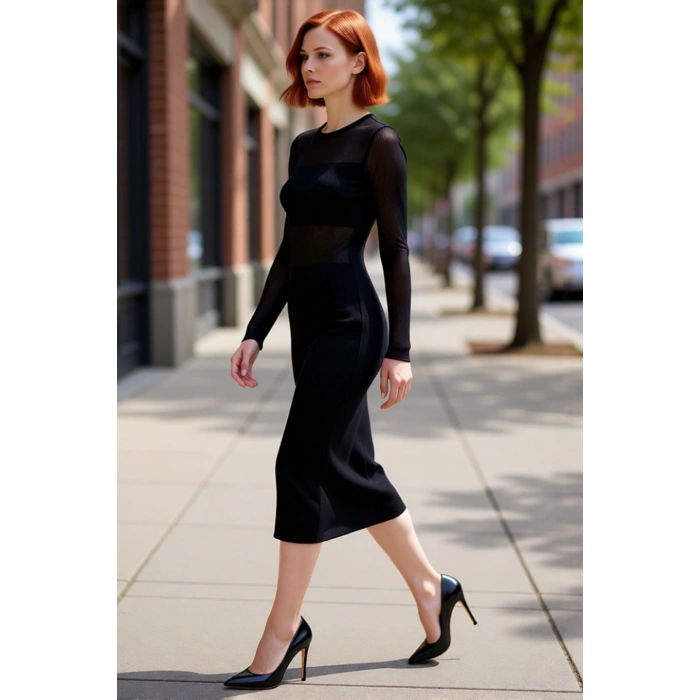 Kadın Siyah Bodycon Midi Triko Elbise Uzun Kollu Bisiklet Yaka Şık Transparan Detaylı Modern Kışlık