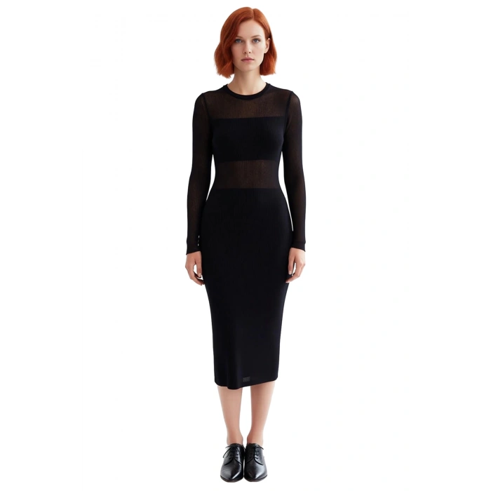 Kadın Siyah Bodycon Midi Triko Elbise Uzun Kollu Bisiklet Yaka Şık Transparan Detaylı Modern Kışlık