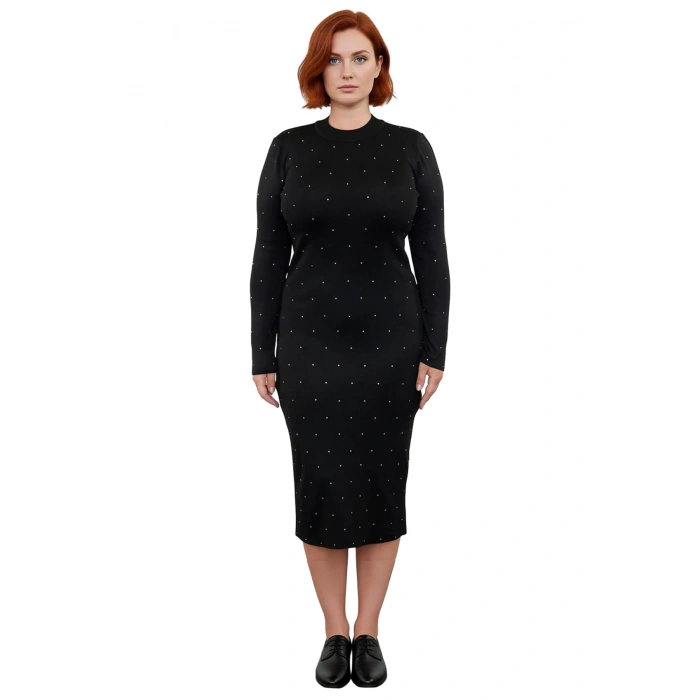 Kadın Siyah Bodycon Triko Midi Elbise Bisiklet Yaka Taş Detaylı Uzun Kol Kışlık Şık Seçim Kaliteli