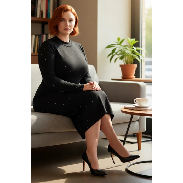 Kadın Siyah Bodycon Triko Midi Elbise Bisiklet Yaka Taş Detaylı Uzun Kol Kışlık Şık Seçim Kaliteli