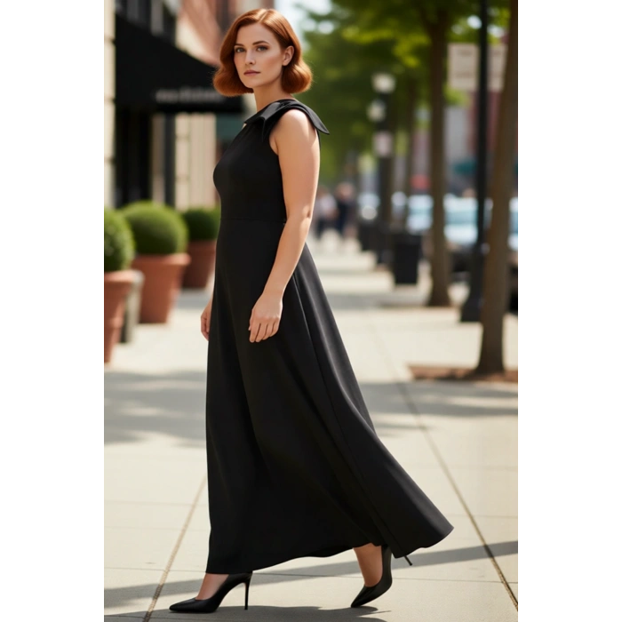 Kadın Siyah Büyük Beden A Line Abiye Maxi Elbise Asimetrik Tek Omuz Fiyonklu Zarif Dokuma Kaliteli