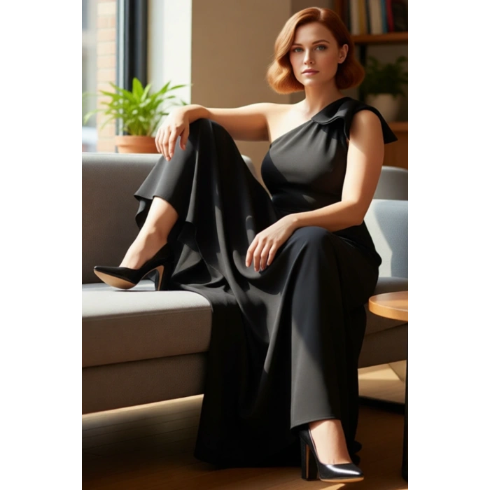 Kadın Siyah Büyük Beden A Line Abiye Maxi Elbise Asimetrik Tek Omuz Fiyonklu Zarif Dokuma Kaliteli