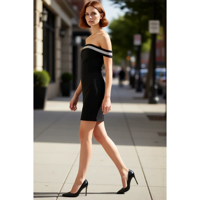 Kadın Siyah Carmen Yaka Taş Detaylı Mini Elbise Şık Vücudu Saran Mezuniyet Abiye Giysi Kaliteli