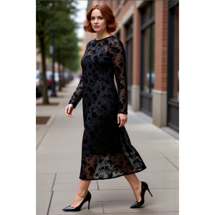 Kadın Siyah Çiçekli A Line Maxi Boy Tül Elbise Uzun Kollu Bisiklet Yaka Şık Büyük Beden Stil