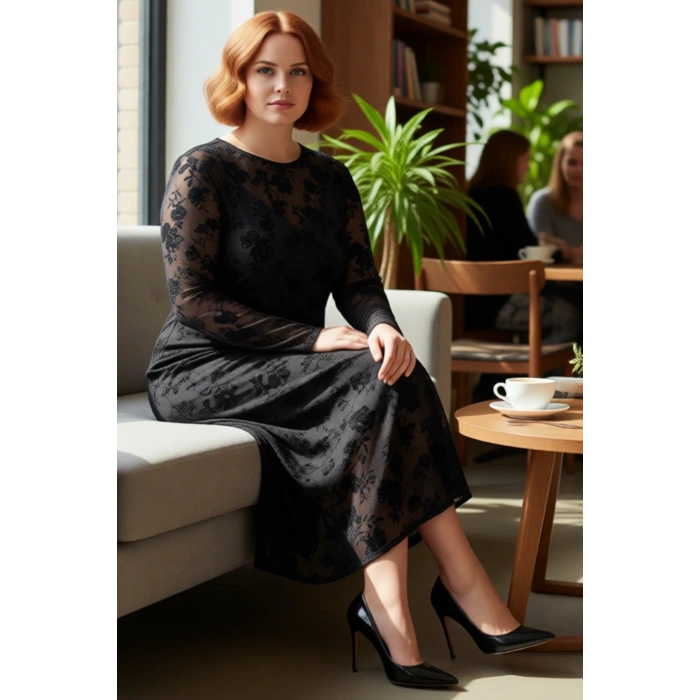 Kadın Siyah Çiçekli A Line Maxi Boy Tül Elbise Uzun Kollu Bisiklet Yaka Şık Büyük Beden Stil