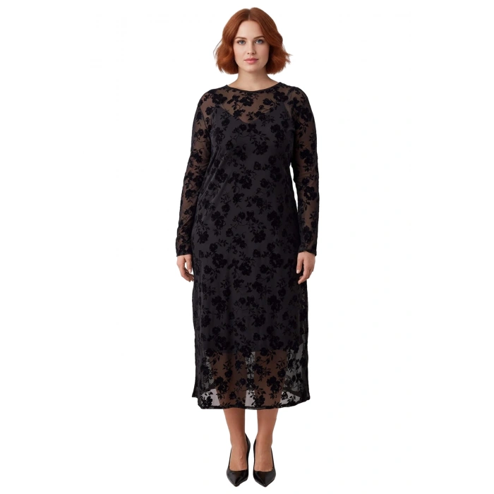 Kadın Siyah Çiçekli A Line Maxi Boy Tül Elbise Uzun Kollu Bisiklet Yaka Şık Büyük Beden Stil