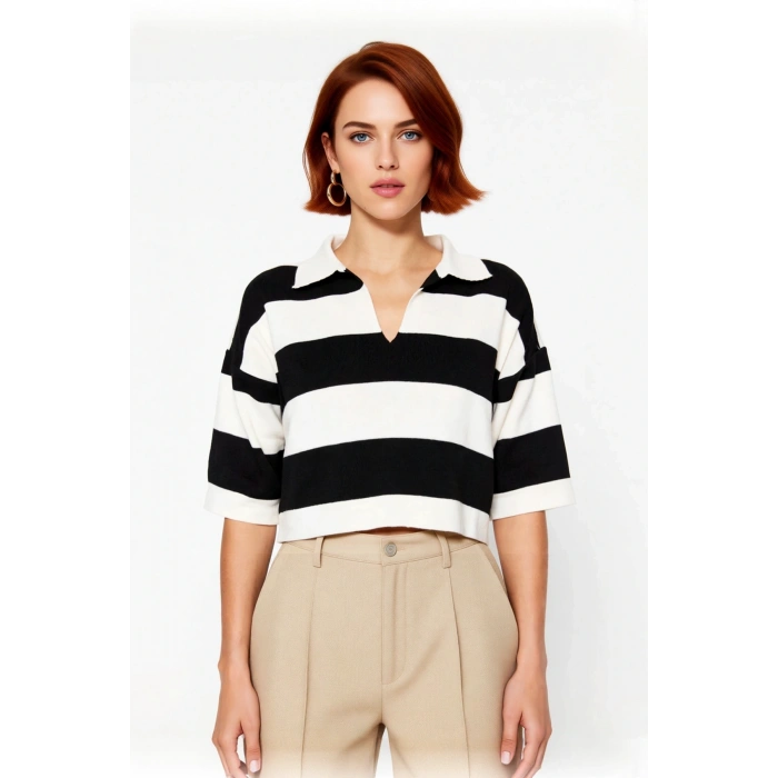Kadın Siyah Çizgili Basic Crop Triko Bluz Regular Kalıp Truvakar Kol Polo Yaka Şıklığı Kaliteli