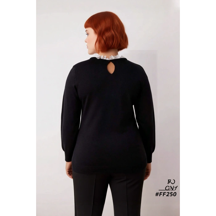 Kadın Siyah Dantel Yakalı Kurdele Detaylı Akrilik Triko Kazak Regular Kalıp Uzun Kollu Modern Şıklık