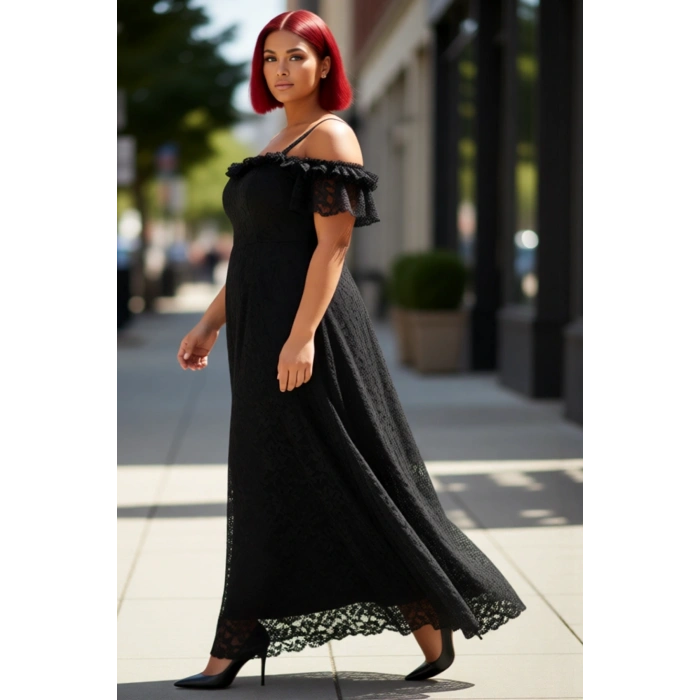 Kadın Siyah Dantelli A Kesim Maxi Abiye Elbise Carmen Yaka Düşük Kol Özel Davet Şıklığı. Kaliteli