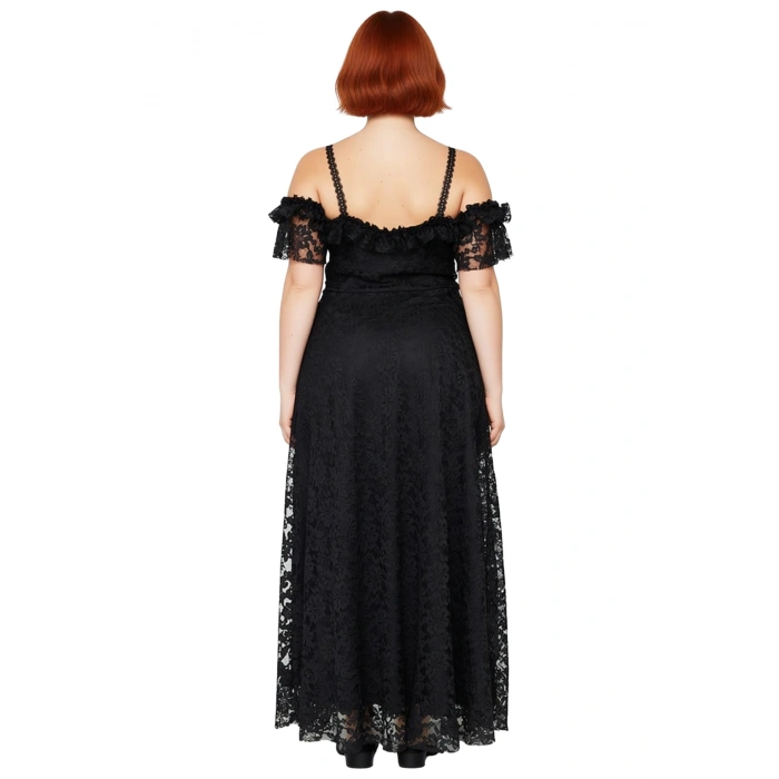 Kadın Siyah Dantelli A Kesim Maxi Abiye Elbise Carmen Yaka Düşük Kol Özel Davet Şıklığı. Kaliteli