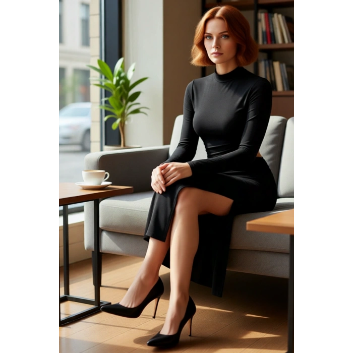 Kadın Siyah Dik Yaka Uzun Kollu Bodycon Cut Outlı Midi Boy Şık Gece Mezuniyet Abiye Elbise