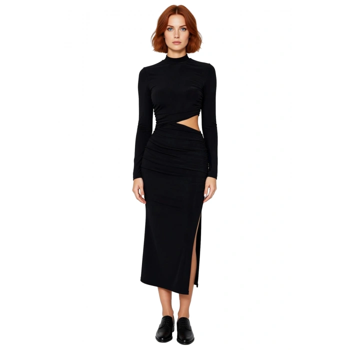 Kadın Siyah Dik Yaka Uzun Kollu Bodycon Cut Outlı Midi Boy Şık Gece Mezuniyet Abiye Elbise