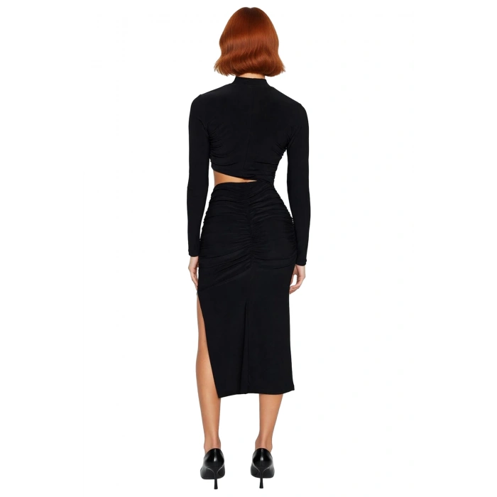 Kadın Siyah Dik Yaka Uzun Kollu Bodycon Cut Outlı Midi Boy Şık Gece Mezuniyet Abiye Elbise