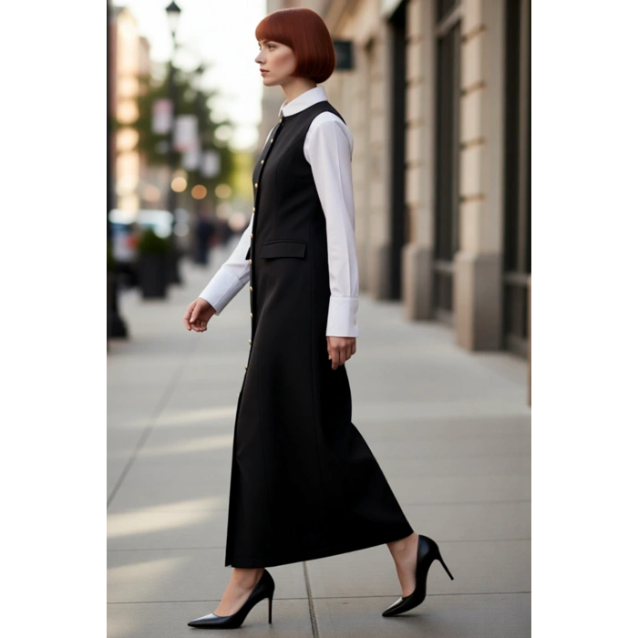 Kadın Siyah Dokuma Shift Kalıp Maxi Jile Elbise Gold Düğme Detaylı Bisiklet Yaka Kış Sezonu Şıklığı