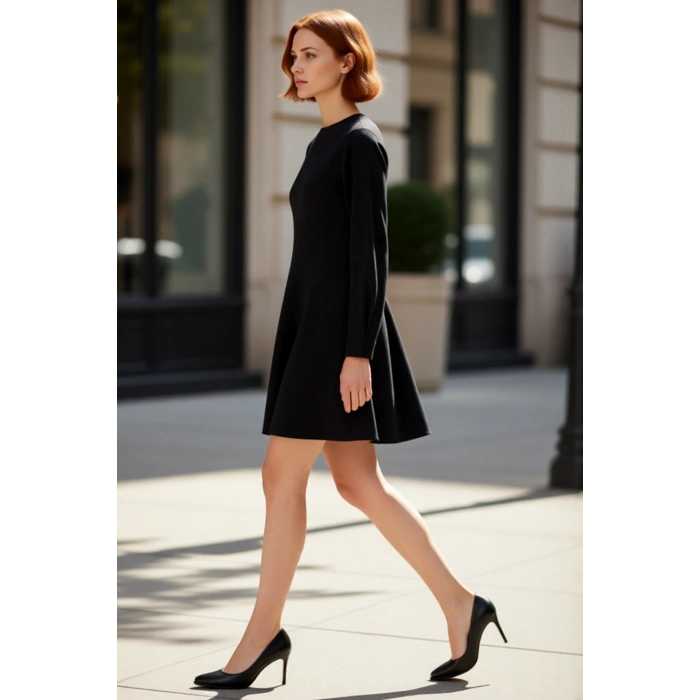 Kadın Siyah Düz Desen A Line Mini Elbise Doğal Pamuklu Denim Kumaş Bisiklet Yaka Uzun Kol Kaliteli