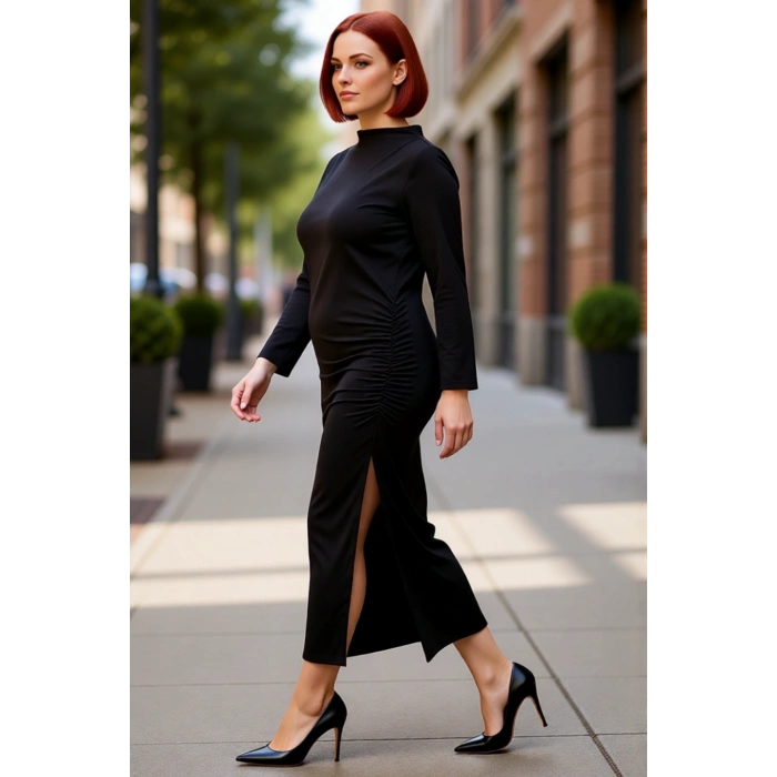 Kadın Siyah Düz Desen Dik Yaka Maxi Boy Yırtmaç Detaylı Uzun Yarasa Kol Büyük Beden Örgü Elbise