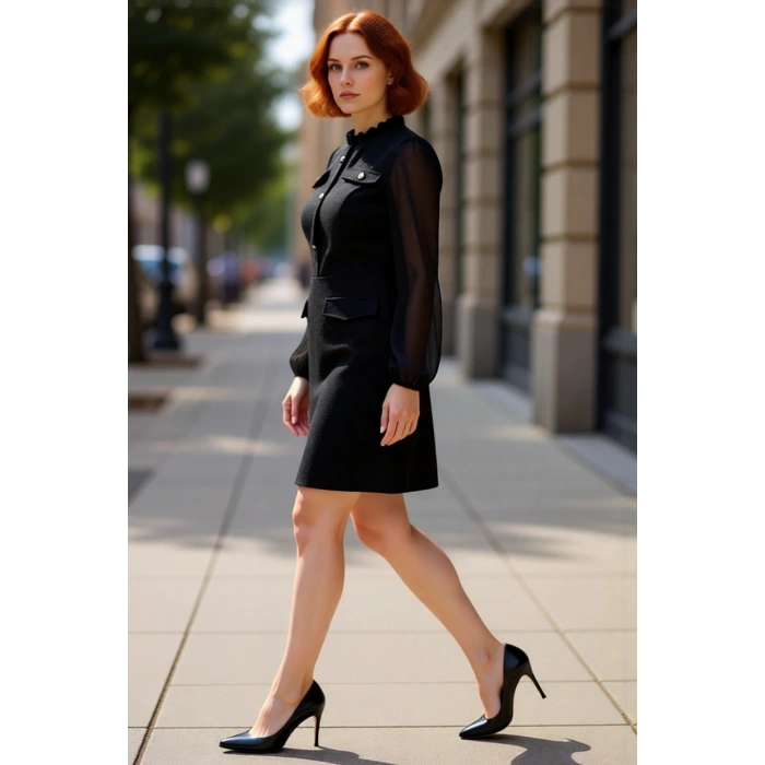 Kadın Siyah Düz Desenli A Line Tüvit Dokuma Şifon Balon Kol Dik Yaka Mini Elbise İlkbahar Sonbahar