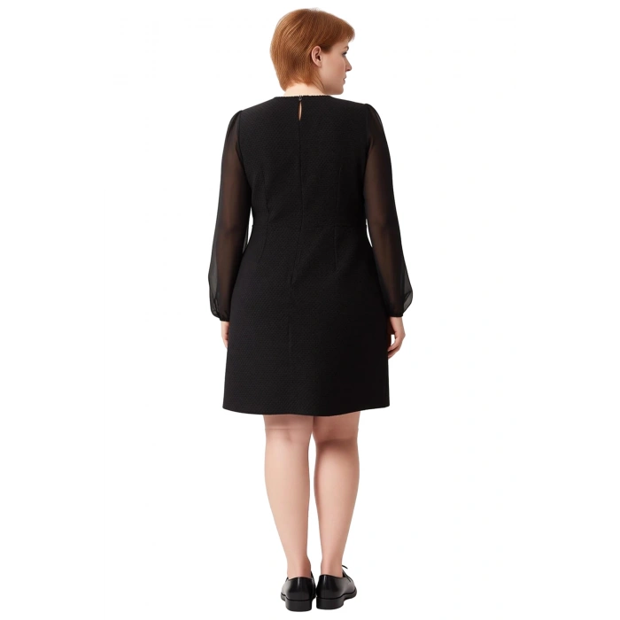 Kadın Siyah Düz Desenli A Line Tüvit Dokuma Şifon Balon Kol Dik Yaka Mini Elbise İlkbahar Sonbahar