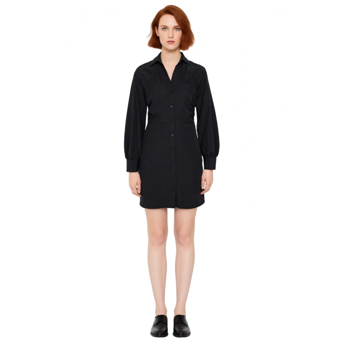 Kadın Siyah Düz Desenli Büzgü Detaylı A Line Dokuma Gömlek Elbise Günlük Şıklık İçin İdeal