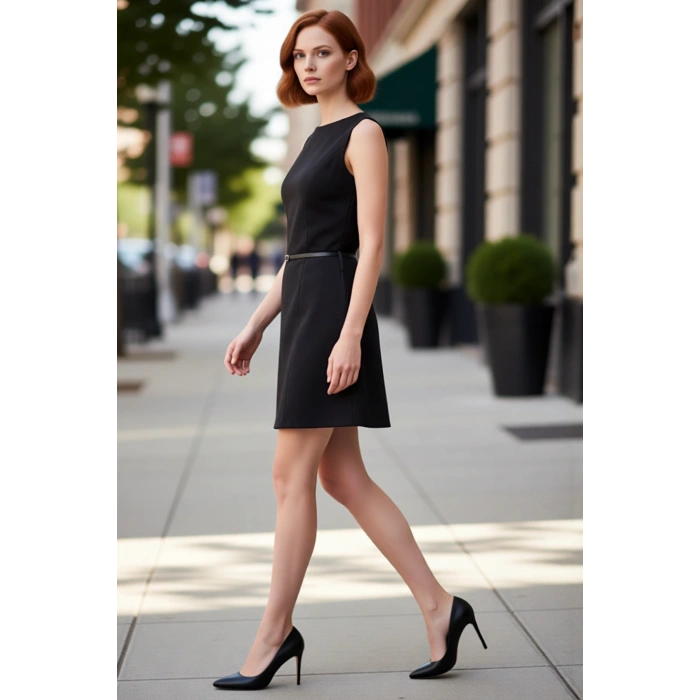 Kadın Siyah Düz Kemerli Mini A Line Kolsuz Bisiklet Yaka Örme Elbise Şık Kış Davetleri İçin İdeal