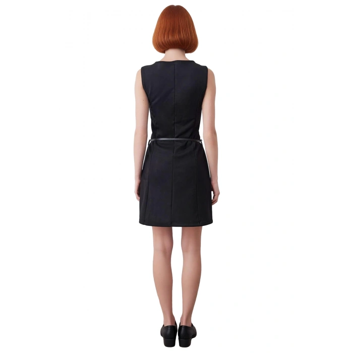 Kadın Siyah Düz Kemerli Mini A Line Kolsuz Bisiklet Yaka Örme Elbise Şık Kış Davetleri İçin İdeal