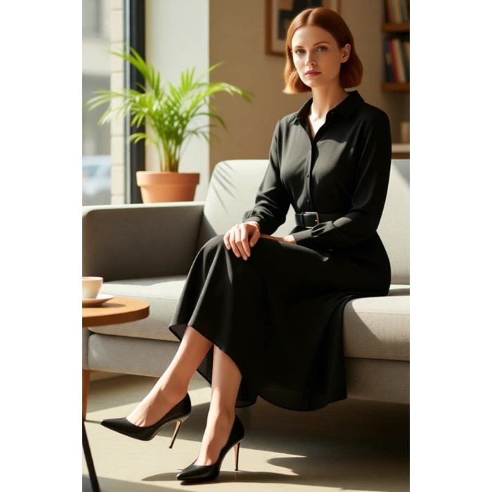 Kadın Siyah Düz Kruvaze Yaka Kemerli Midi Gömlek Elbise ile Gündüzden Geceye Zarafet. Kaliteli