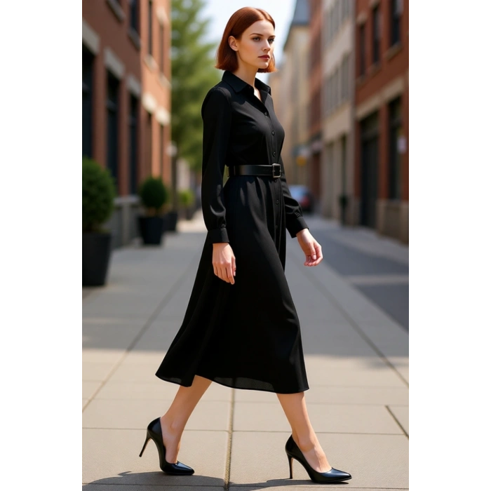 Kadın Siyah Düz Kruvaze Yaka Kemerli Midi Gömlek Elbise ile Gündüzden Geceye Zarafet. Kaliteli