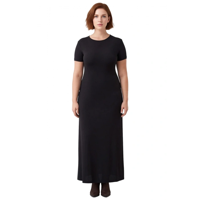 Kadın Siyah Düz Örme Bisiklet Yaka Kısa Kol Maxi Elbise Esnek Vücuda Oturan İlkbahar Sonbahar