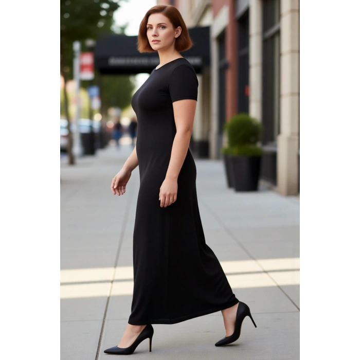 Kadın Siyah Düz Örme Bisiklet Yaka Kısa Kol Maxi Elbise Esnek Vücuda Oturan İlkbahar Sonbahar
