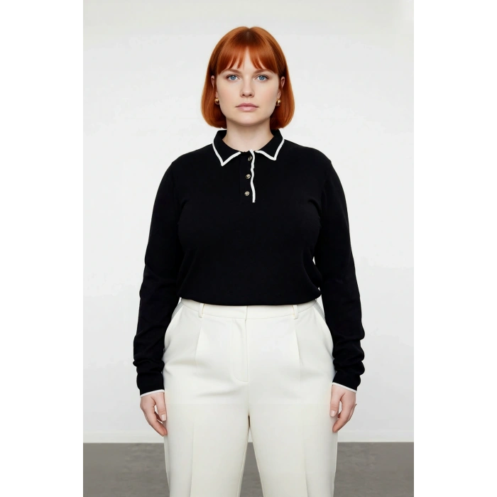 Kadın Siyah Düz Polo Yaka Triko Kazak Casual Tarz Regular Kalıp Kışlık Uzun Kollu Konforlu Seçim